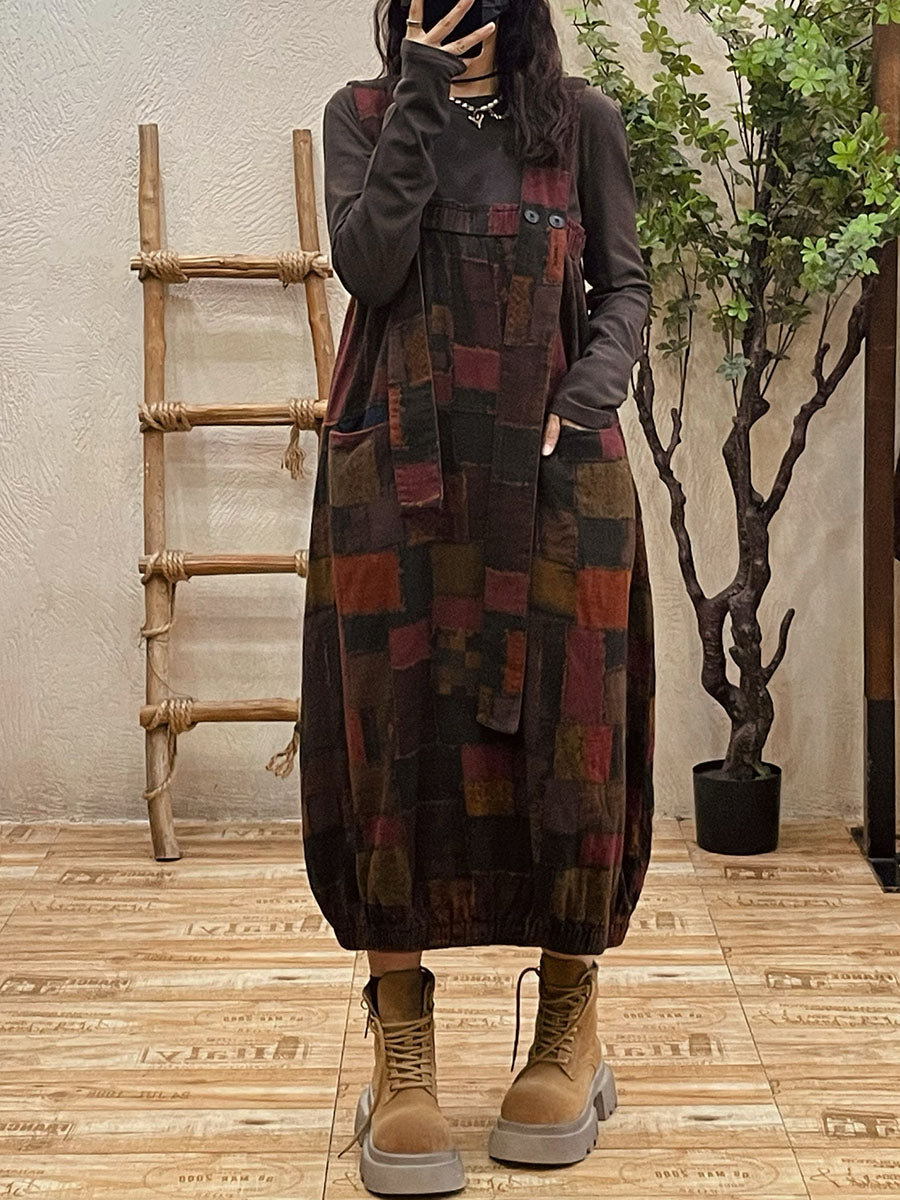 Plus Size Women Autumn Retro Patch Spliced Overall Dress