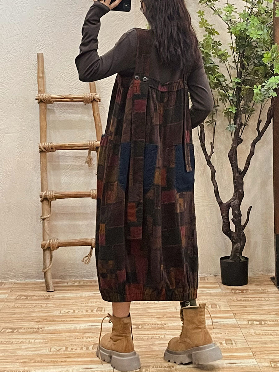 Plus Size Women Autumn Retro Patch Spliced Overall Dress