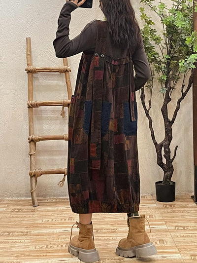 Plus Size Women Autumn Retro Patch Spliced Overall Dress