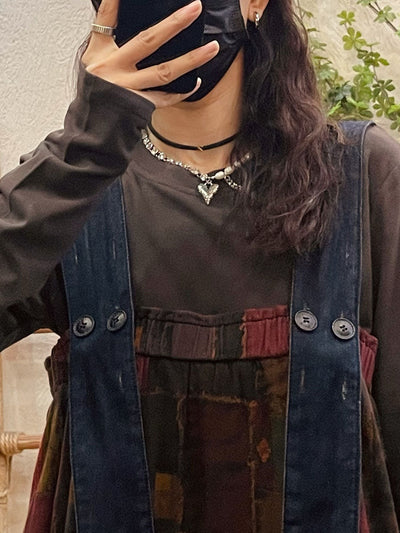 Plus Size Women Autumn Retro Patch Spliced Overall Dress