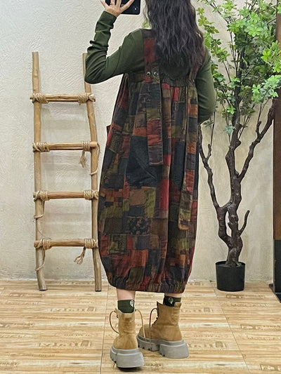 Plus Size Women Autumn Retro Patch Spliced Overall Dress