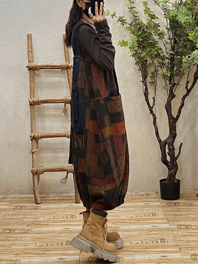 Plus Size Women Autumn Retro Patch Spliced Overall Dress
