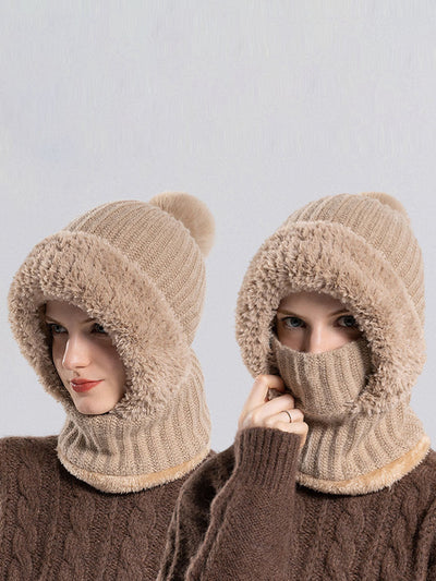 Women Winter Warm Knitted Plush Scarf Hat