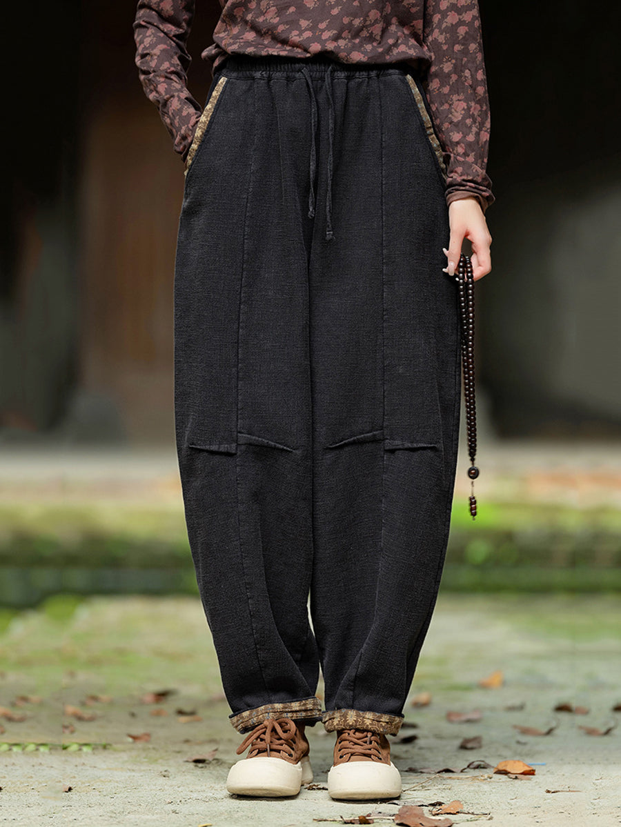 Plus Size Women Winter Retro Solid Spliced Padded Harem Pants