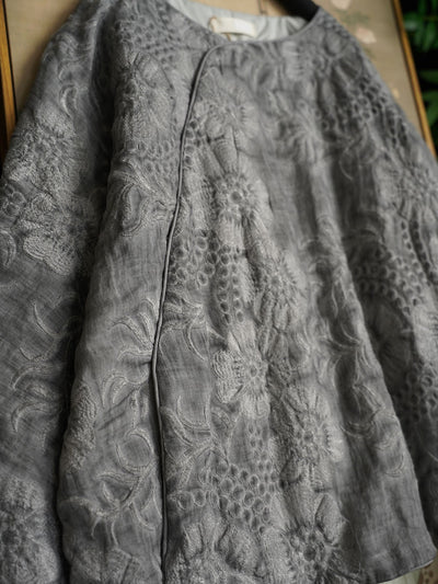 Women Winter Flower Embroidery O-Neck Linen Padded Coat