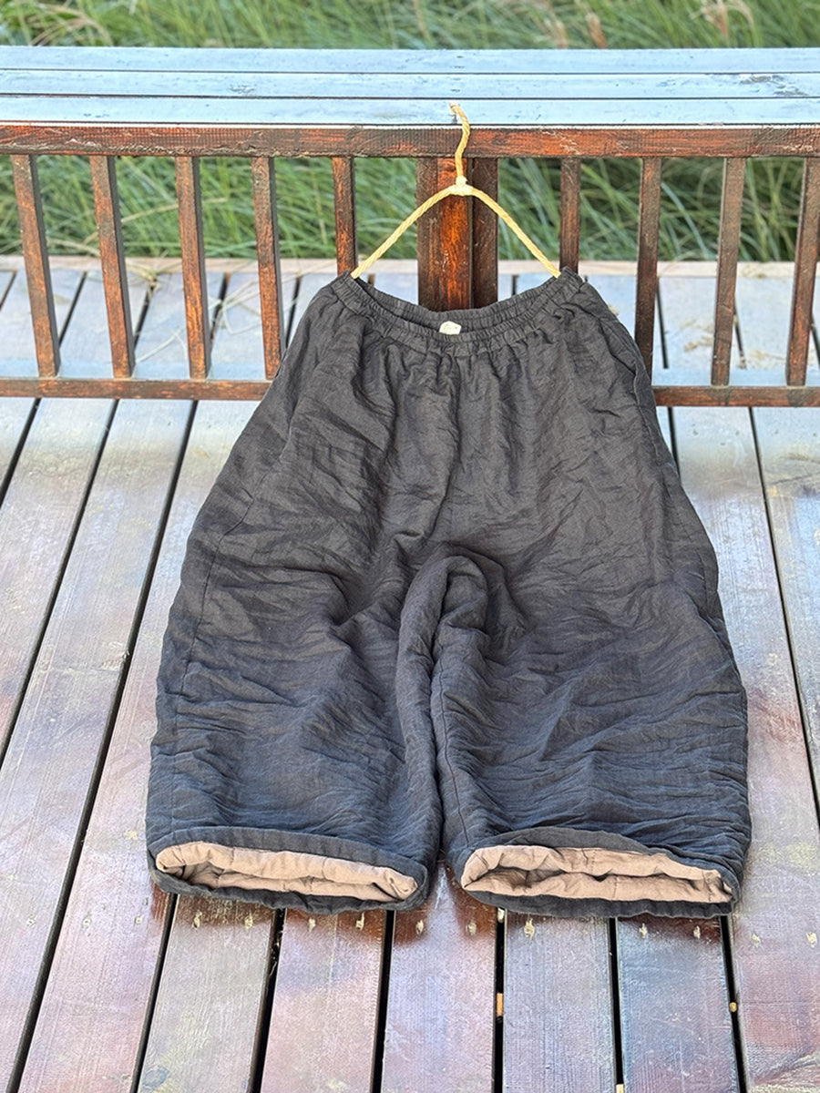 Plus Size Women Vintage Autumn Solid Ramie Padded Wide-leg Pants