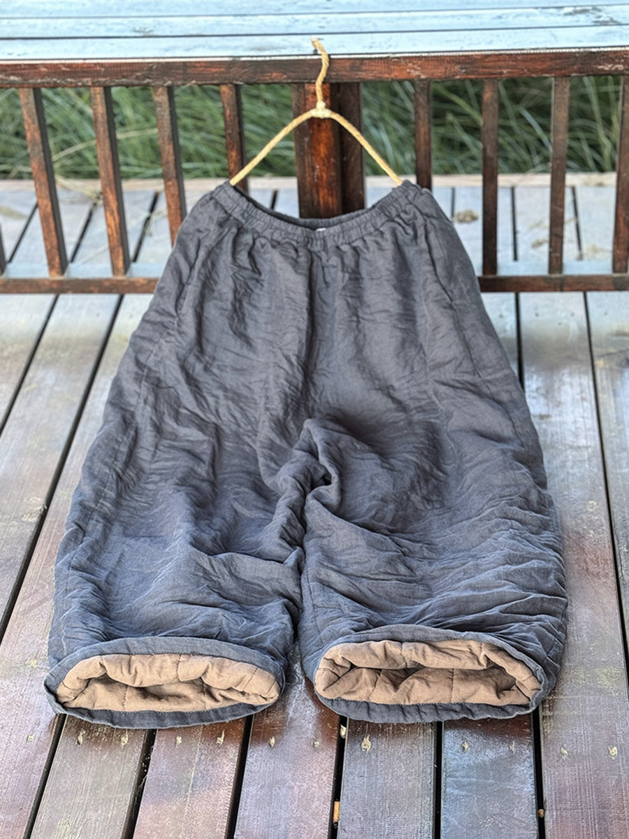 Plus Size Women Vintage Autumn Solid Ramie Padded Wide-leg Pants