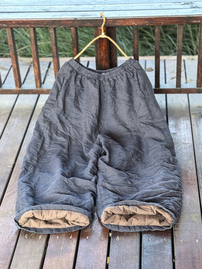 Plus Size Women Vintage Autumn Solid Ramie Padded Wide-leg Pants