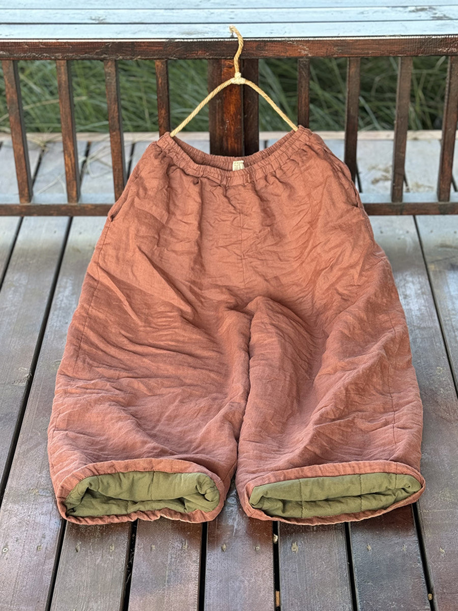 Plus Size Women Vintage Autumn Solid Ramie Padded Wide-leg Pants