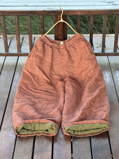 Plus Size Women Vintage Autumn Solid Ramie Padded Wide-leg Pants