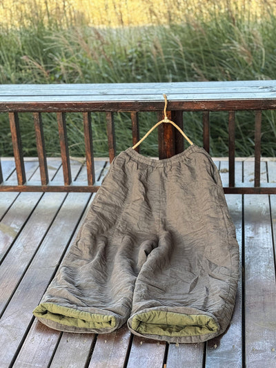 Plus Size Women Vintage Autumn Solid Ramie Padded Wide-leg Pants