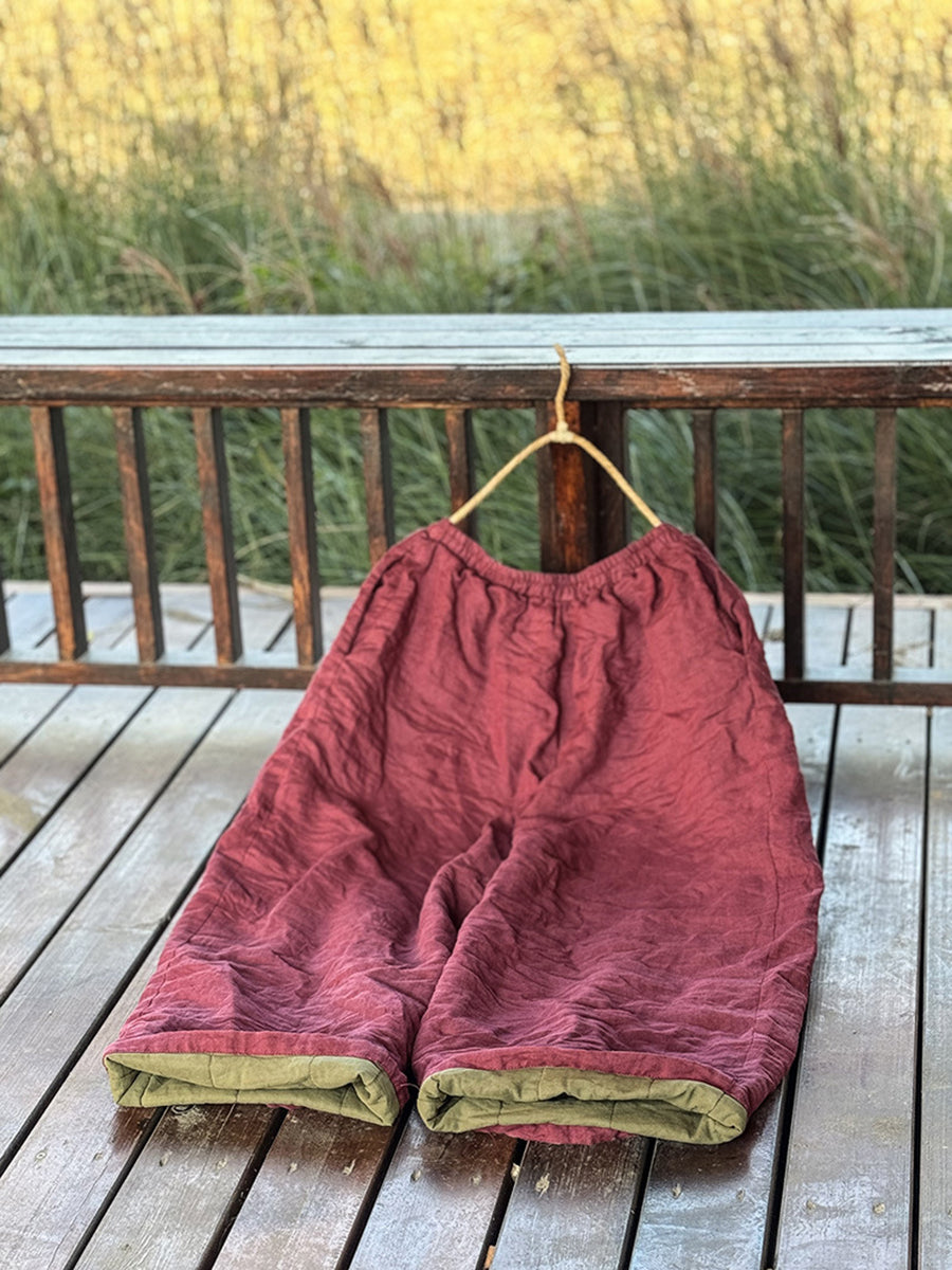 Plus Size Women Vintage Autumn Solid Ramie Padded Wide-leg Pants