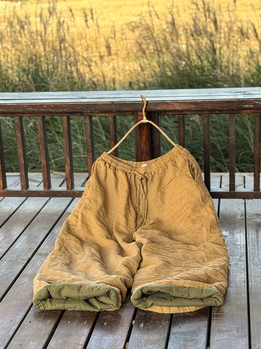 Plus Size Women Vintage Autumn Solid Ramie Padded Wide-leg Pants