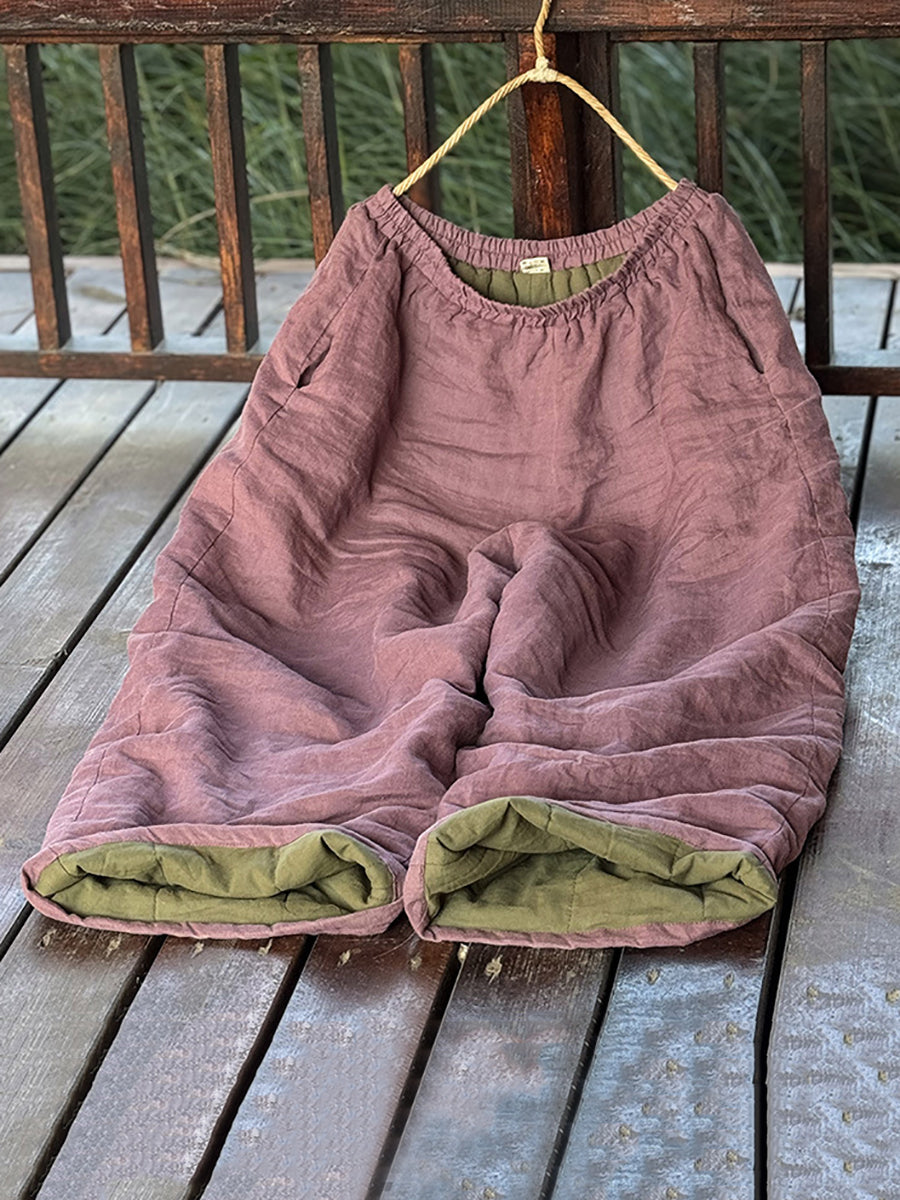 Plus Size Women Vintage Autumn Solid Ramie Padded Wide-leg Pants