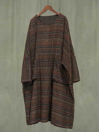 Women Autumn Casual Stripe Linen O-Neck Dress