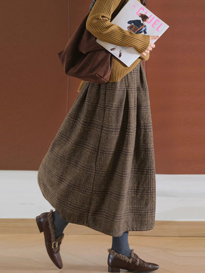 Plus Size Women Autumn Plaid Cotton A-Shape Skirt