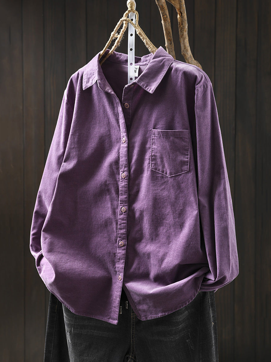 Women Vintage Autumn Corduroy Turn-down Collar Shirt