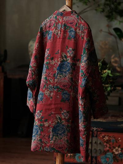 Women Ethnic Red Flower Stand Collar Cotton Padded Coat