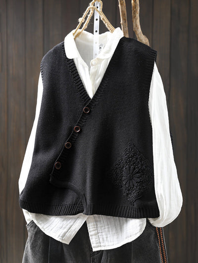 Women Casual Autumn Embroidery V-Neck Knit Vest