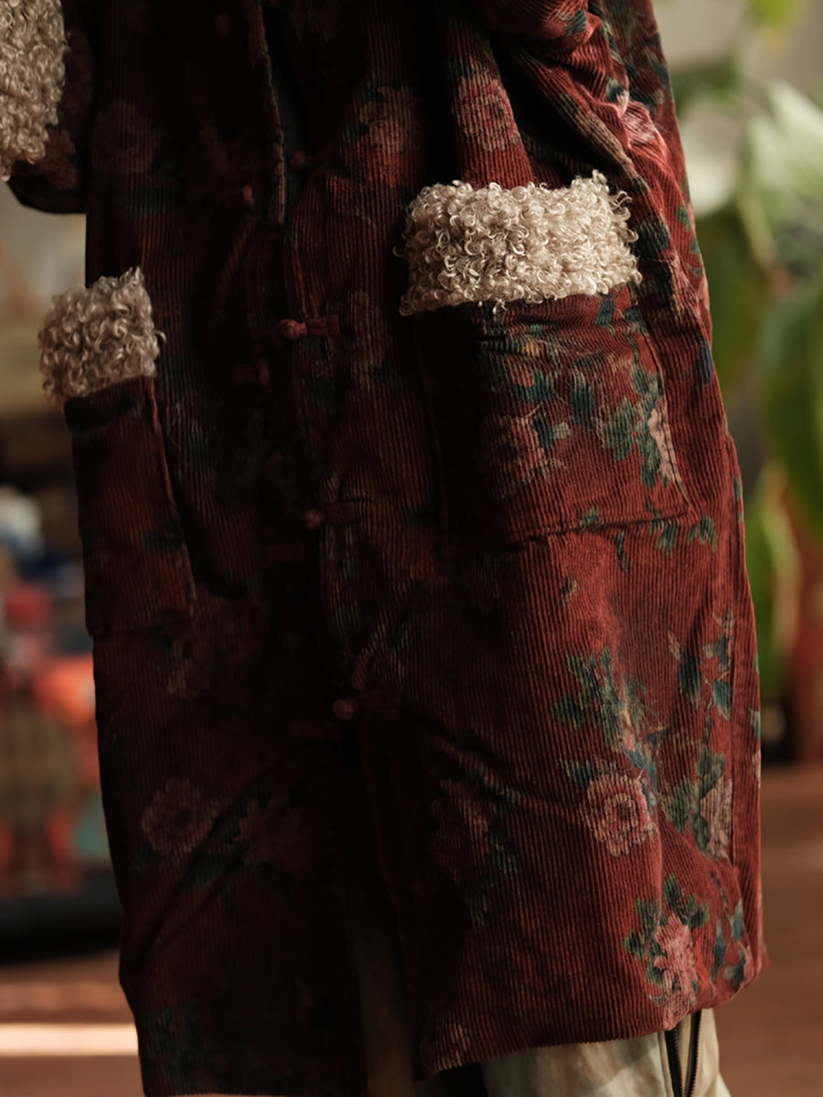 Plus Size Women Winter Retro Flower Croduroy Fleece Spliced O-Neck Coat