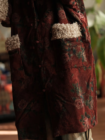 Plus Size Women Winter Retro Flower Croduroy Fleece Spliced O-Neck Coat