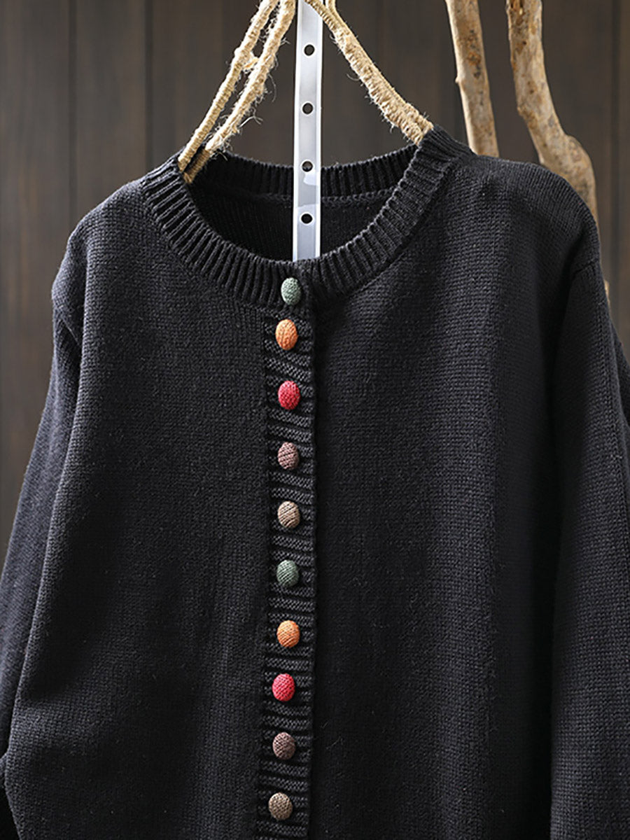 Plus Size Women Autumn Artsy Colorful Button O-Neck Knit Sweater