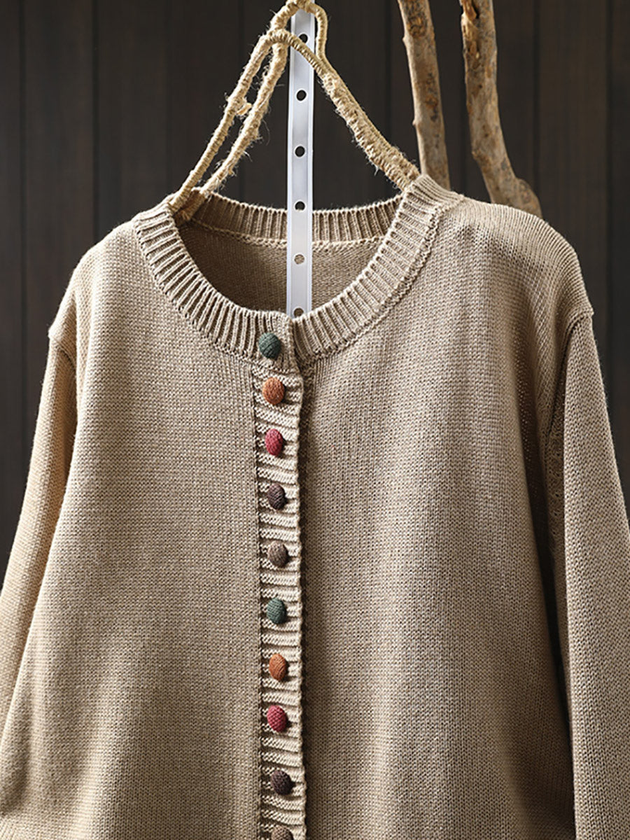 Plus Size Women Autumn Artsy Colorful Button O-Neck Knit Sweater