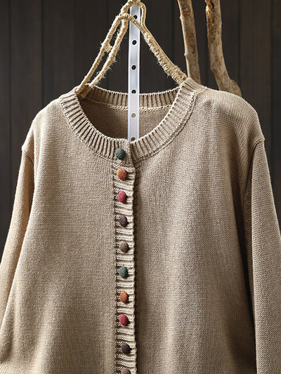 Plus Size Women Autumn Artsy Colorful Button O-Neck Knit Sweater