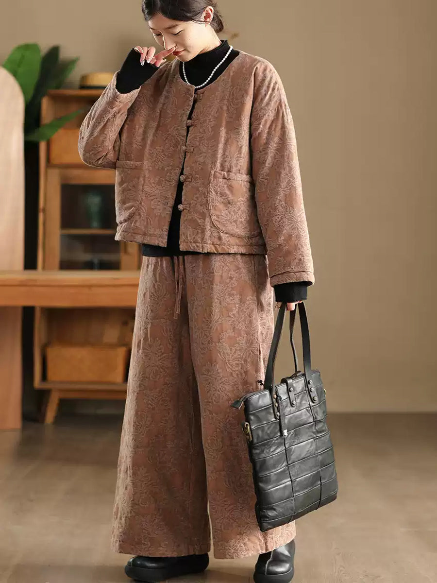 Women Winter Flower Jacquard Wide-leg Padded Pants
