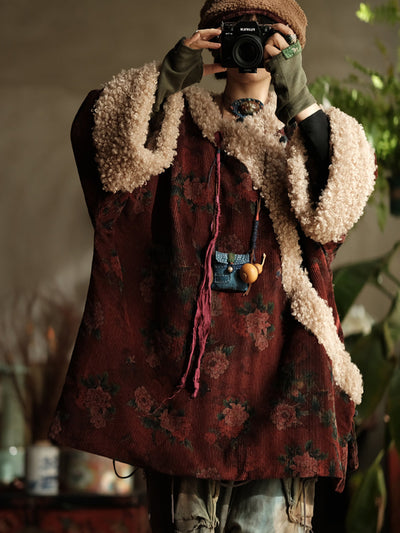 Plus Size Women Ethnic Flower Fleece Spliced Corduroy Padded Coat