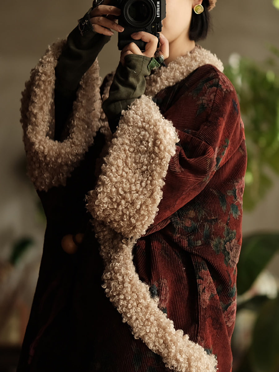 Plus Size Women Ethnic Flower Fleece Spliced Corduroy Padded Coat