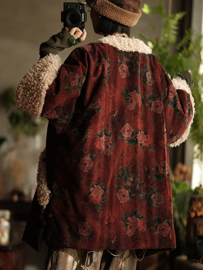 Plus Size Women Ethnic Flower Fleece Spliced Corduroy Padded Coat
