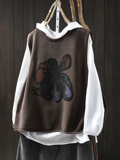 Women Winter Flower O-Neck Knit Vest