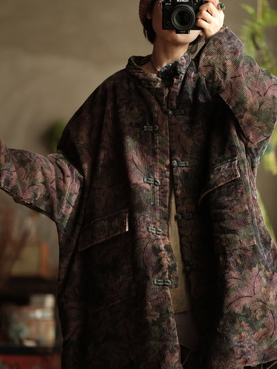 Women Ethnic Flower Corduroy Loose Padded Coat
