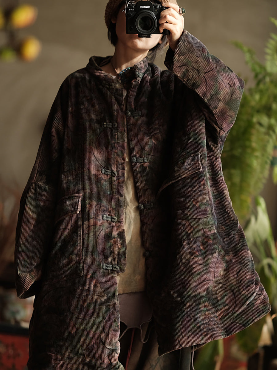 Women Ethnic Flower Corduroy Loose Padded Coat