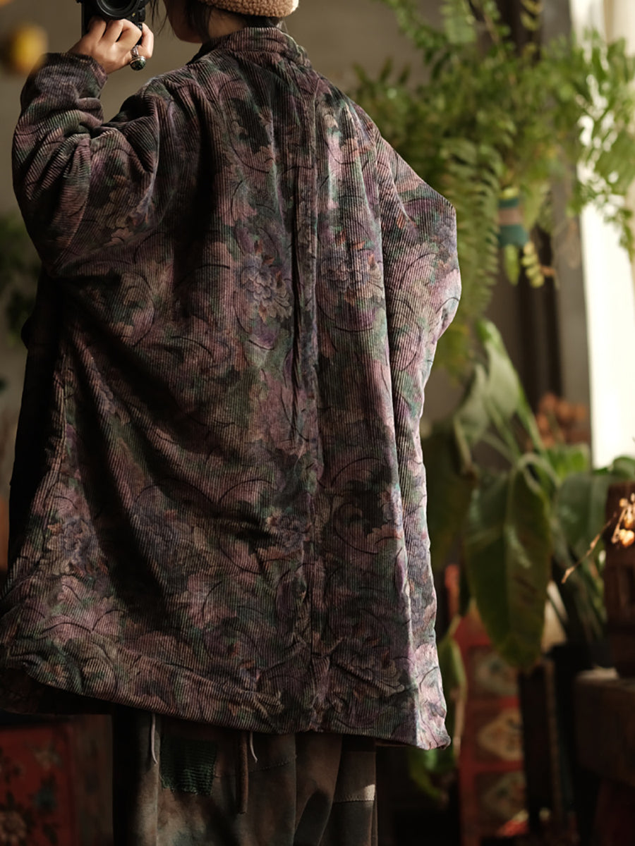 Women Ethnic Flower Corduroy Loose Padded Coat