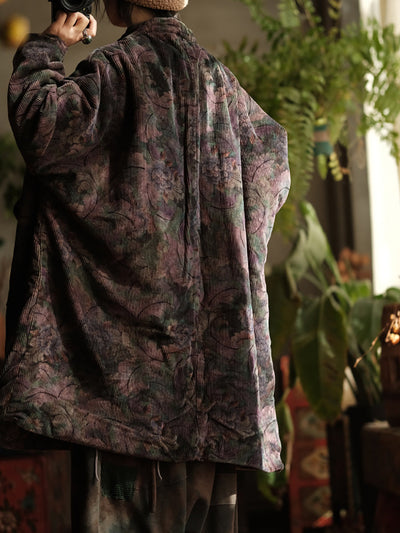 Women Ethnic Flower Corduroy Loose Padded Coat