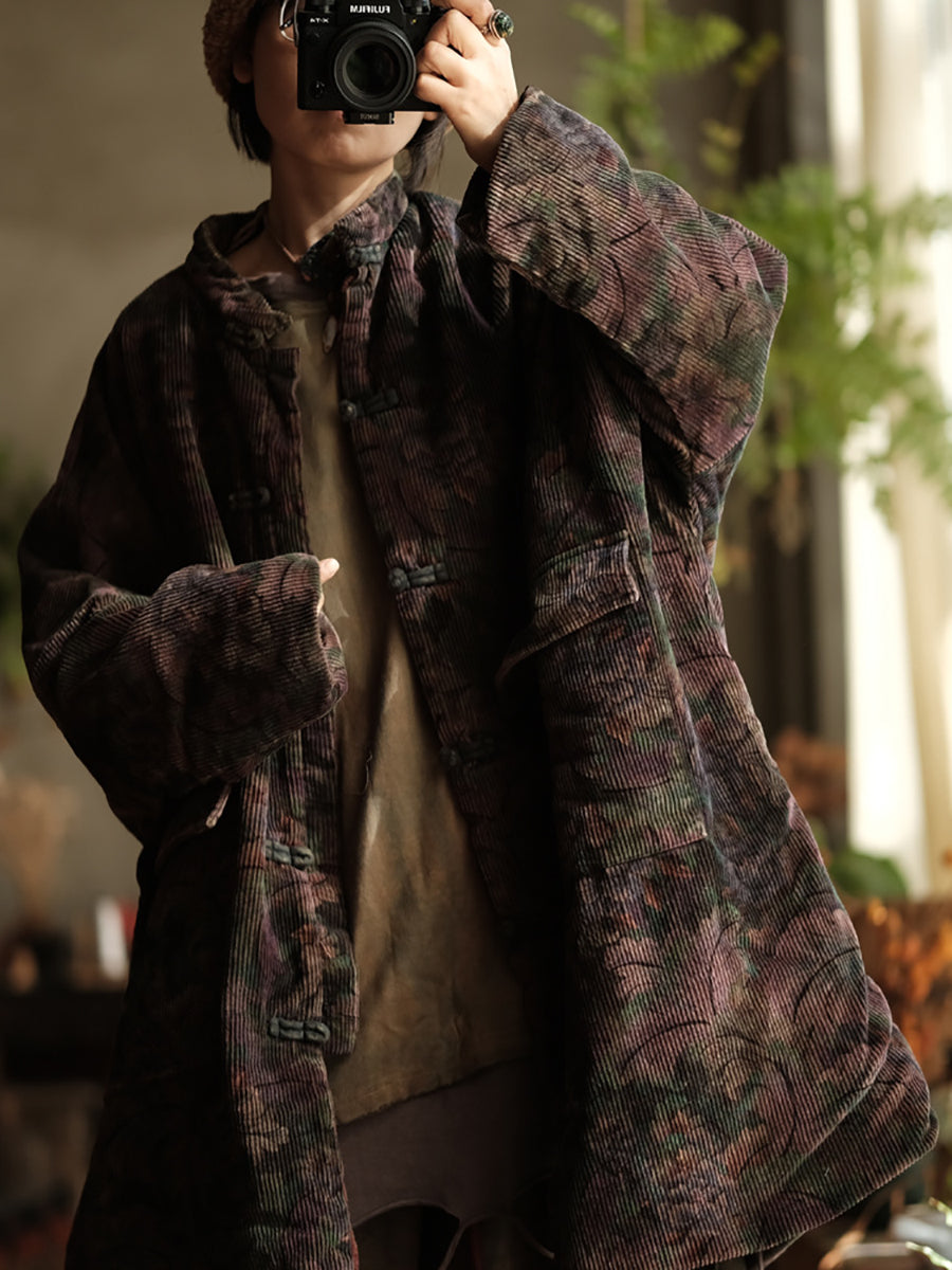 Women Ethnic Flower Corduroy Loose Padded Coat