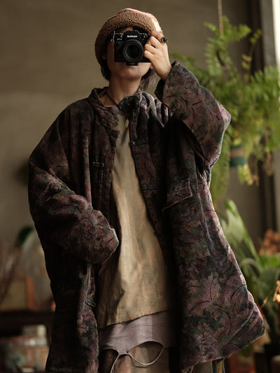 Women Ethnic Flower Corduroy Loose Padded Coat