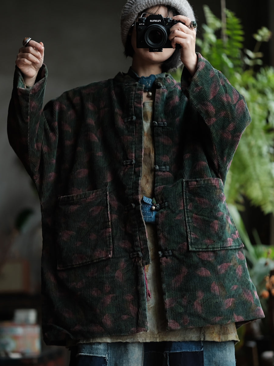 Women Ethnic Leaf Corduroy Loose Padded Coat