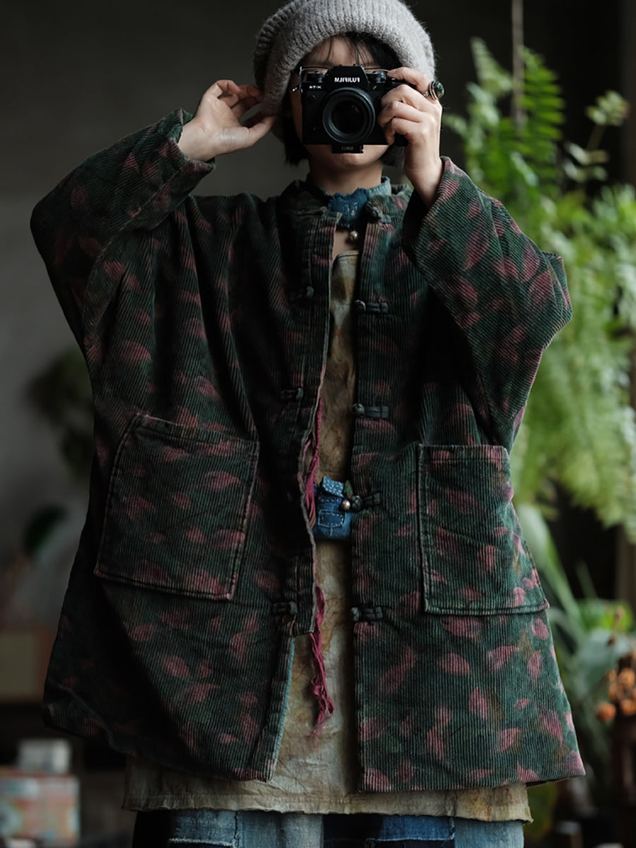 Women Ethnic Leaf Corduroy Loose Padded Coat