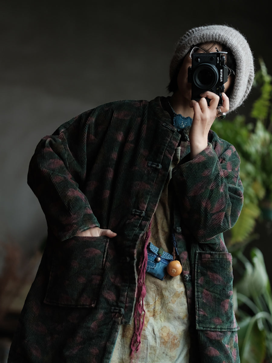 Women Ethnic Leaf Corduroy Loose Padded Coat