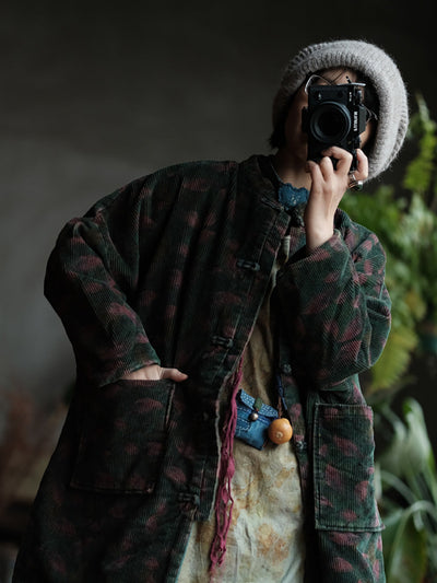 Women Ethnic Leaf Corduroy Loose Padded Coat