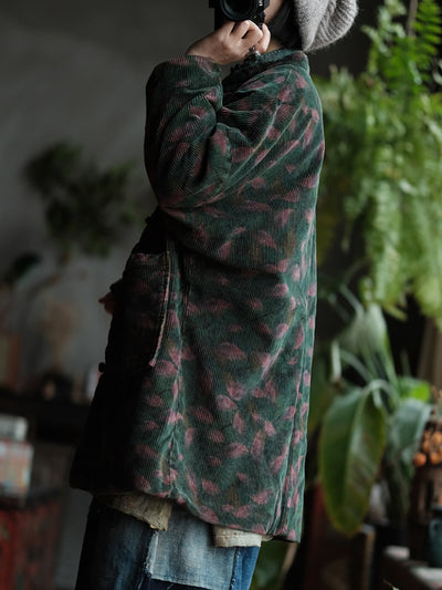 Women Ethnic Leaf Corduroy Loose Padded Coat