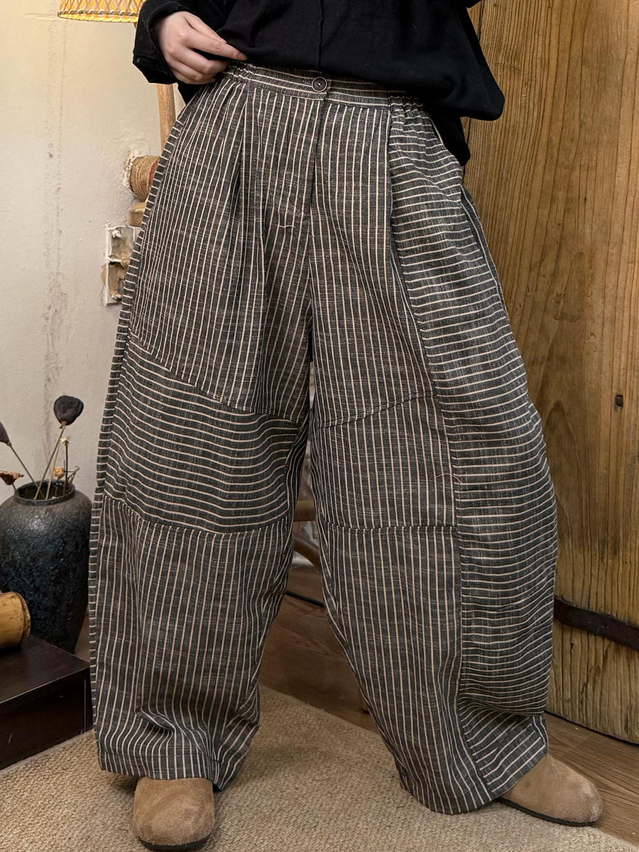 Plus Size Women Spring Vintage Plaid Linen Straight Pants