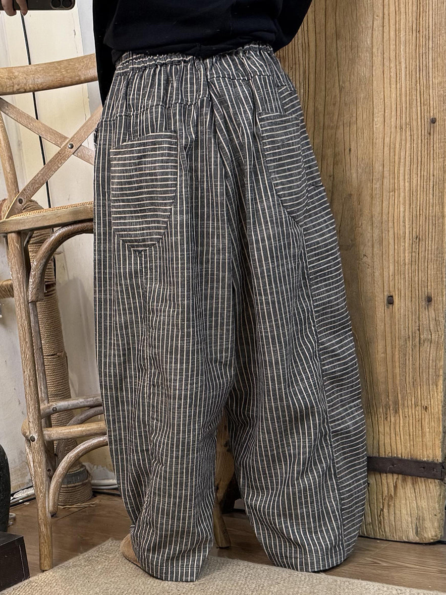 Plus Size Women Spring Vintage Plaid Linen Straight Pants