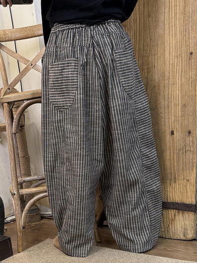 Plus Size Women Spring Vintage Plaid Linen Straight Pants