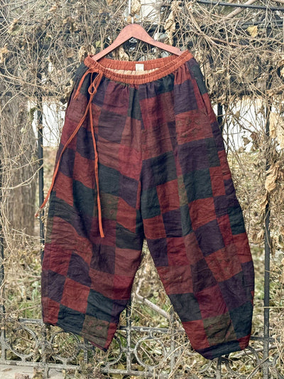 Women Spring Vintage Plaid Linen Wide-leg Pants