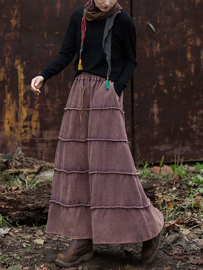Women Retro Spliced Ramie Fleece-lined Skirt
