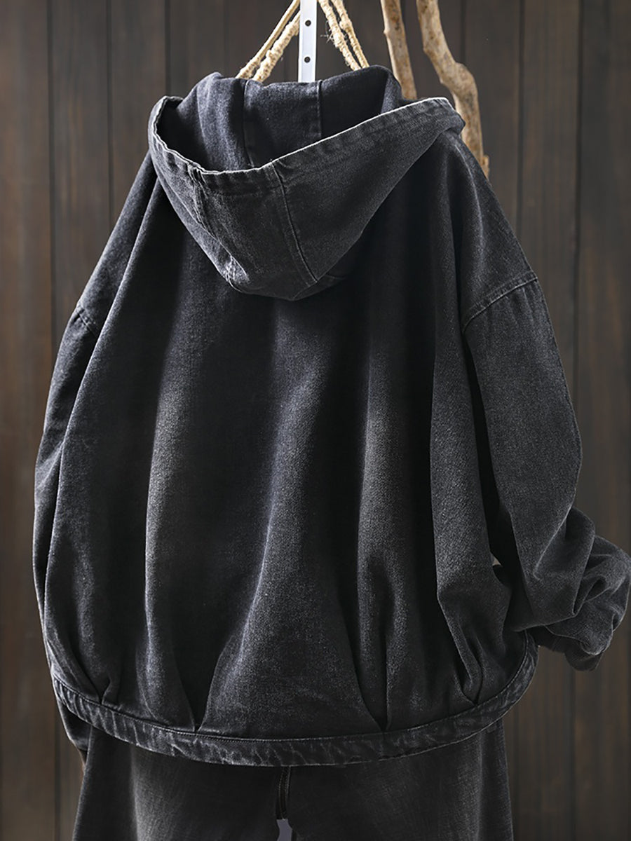 Women Vintage Spring Denim Hooded Coat